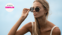 Square tortoise sunglasses on model with blonde hair