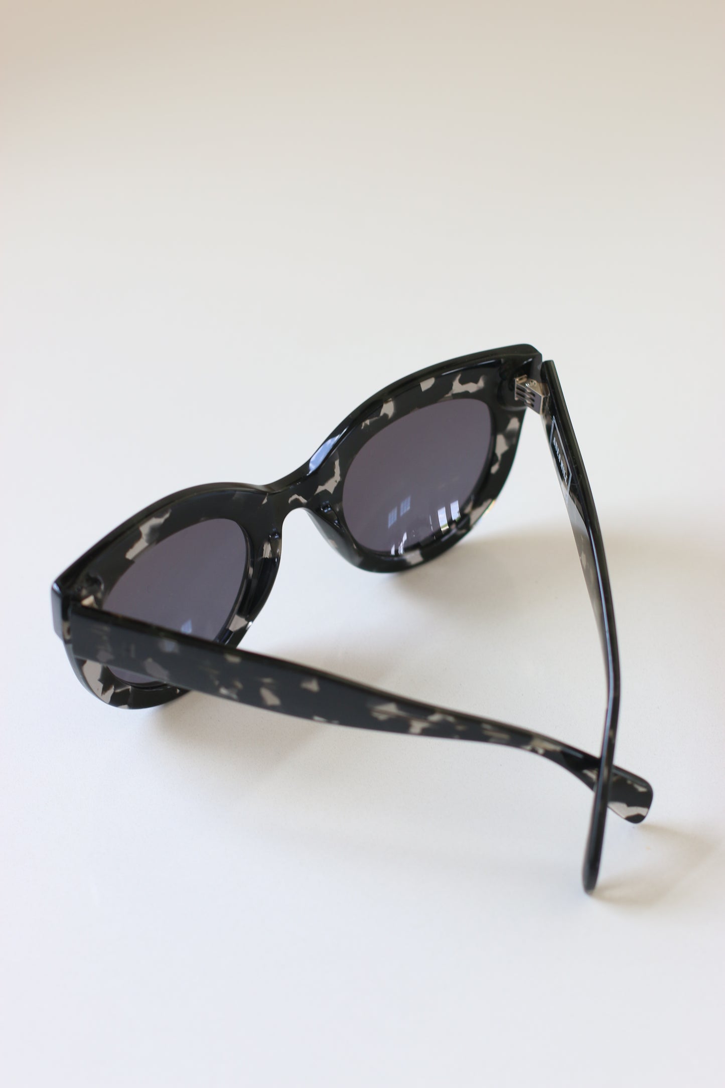 Close-up of ANEA HILL Dynasty sunglasses, highlighting the silver-tone hinges